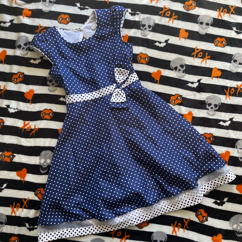 Navy Polka Dot Dress with Bow